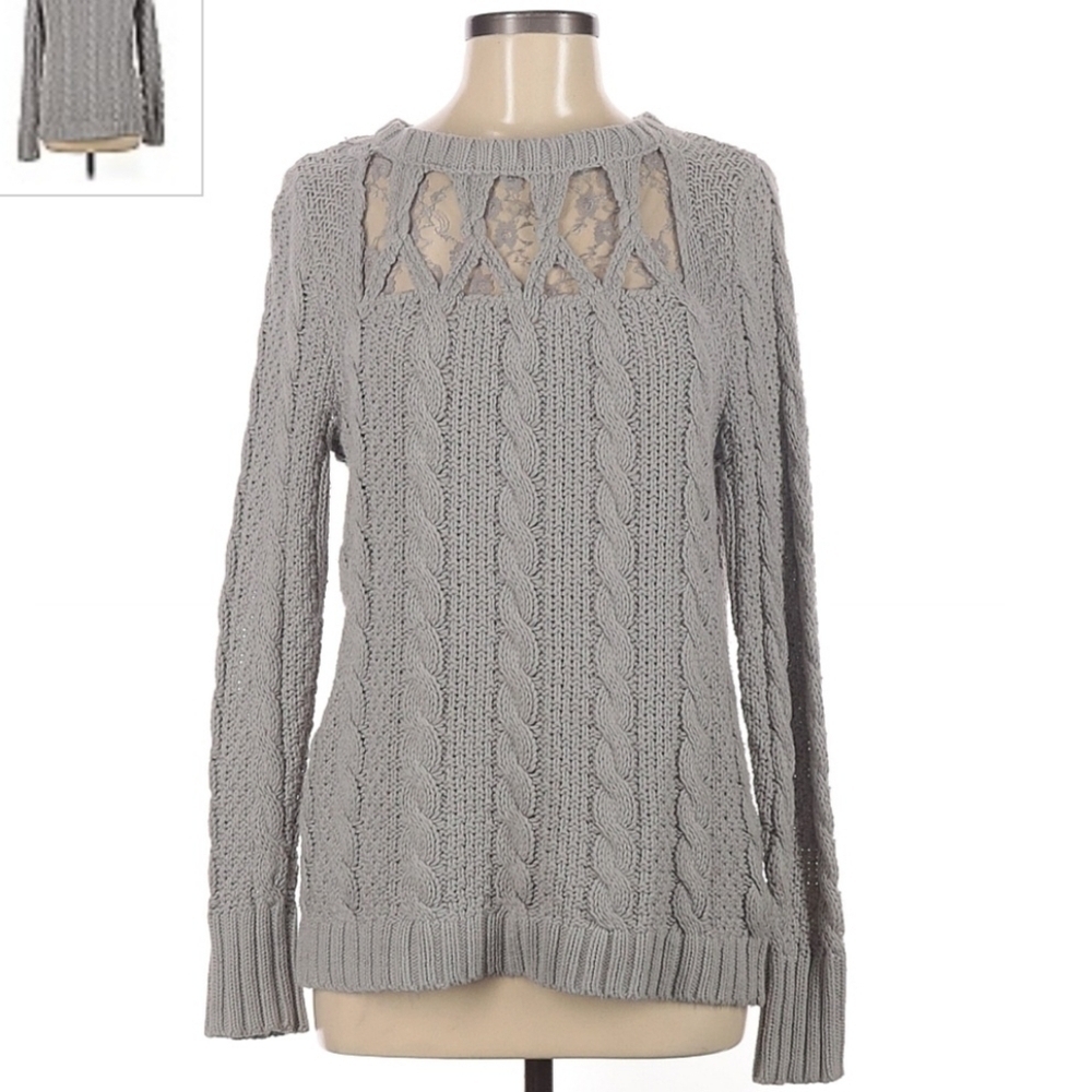 LC LAUREN CONRAD Gray Cable Knit Lace Cut-Out Sweater Women's Medium M Comfy EUC